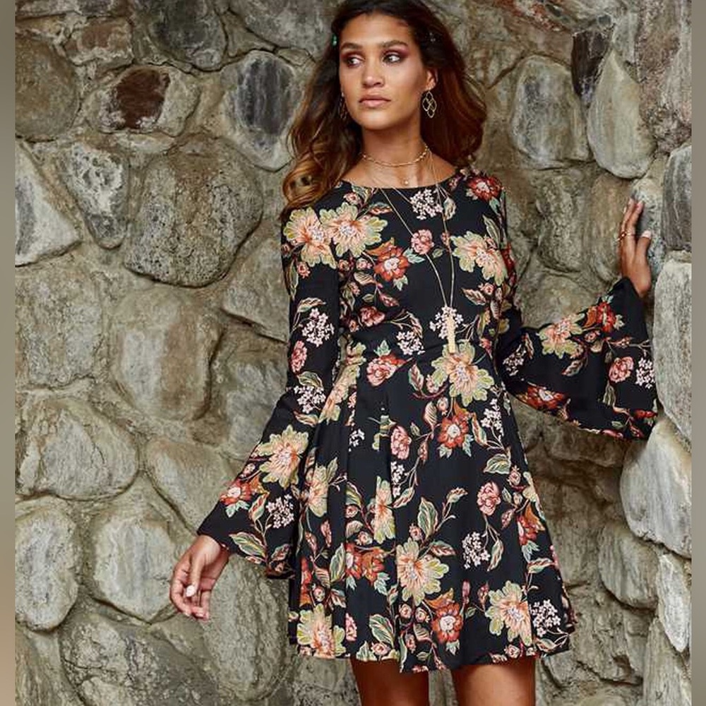 Altar'd State Thessaly NWT floral black bell sleeve mini dress